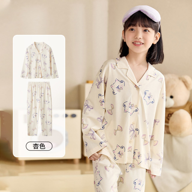 11914845.芬腾千线艺儿童睡衣秋季新款纯棉长袖长裤开衫翻领卡通女中大童家居服套装