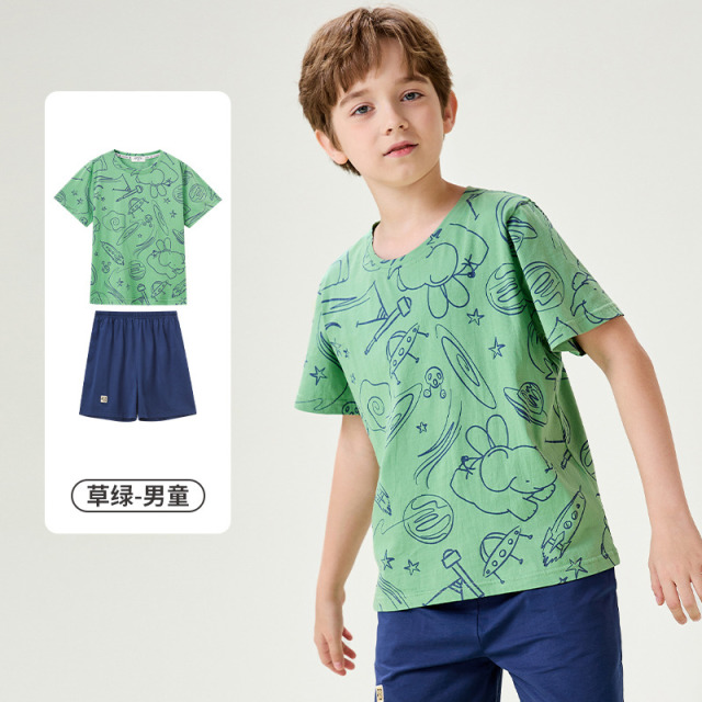 11934237.芬腾千线艺男童睡衣纯棉夏季新款短袖短裤薄款儿童男孩家居服套装
