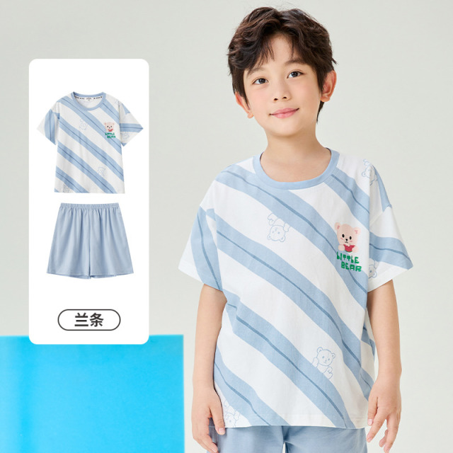 11934015.芬腾千线艺男童睡衣夏季凉感型棉拉架短袖短裤卡通女童家居服套装
