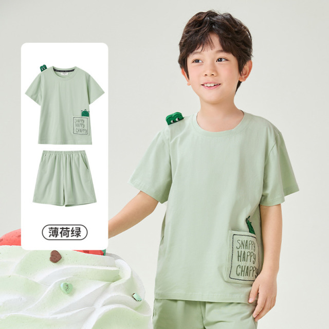 11934153.芬腾千线艺男童睡衣家居服夏季新款棉拉架短袖短裤家居服女童睡衣套装