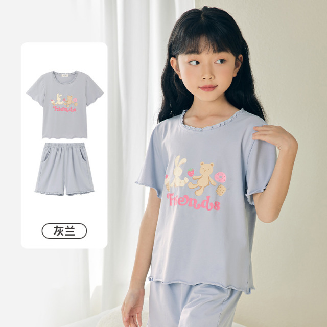 11933042.芬腾千线艺儿童睡衣女童夏季纯棉短袖短裤薄款卡通女孩家居服套装