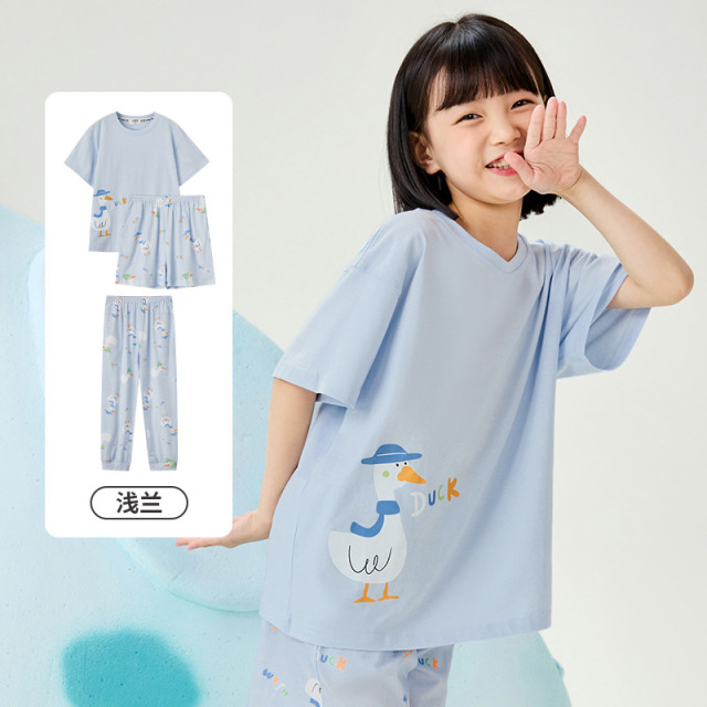 11933875.芬腾千线艺【3件套】儿童睡衣女童纯棉春夏季短袖长裤可爱卡通中大童家居服套装