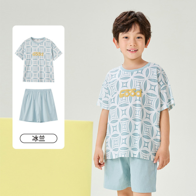 11959242.芬腾千线艺男童睡衣棉夏季新款短袖短裤圆领男童中大童家居服套装