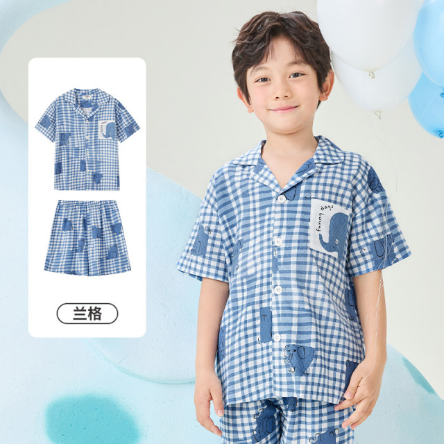 11960445.芬腾千线艺男童睡衣家居服棉粘纤夏季短袖短裤开衫翻领卡通男童睡衣套装