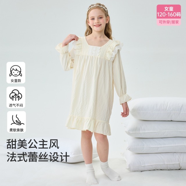 11960795.芬腾千线艺儿童睡裙亲子春季新款长袖连衣裙甜美花边中大童家居服裙子