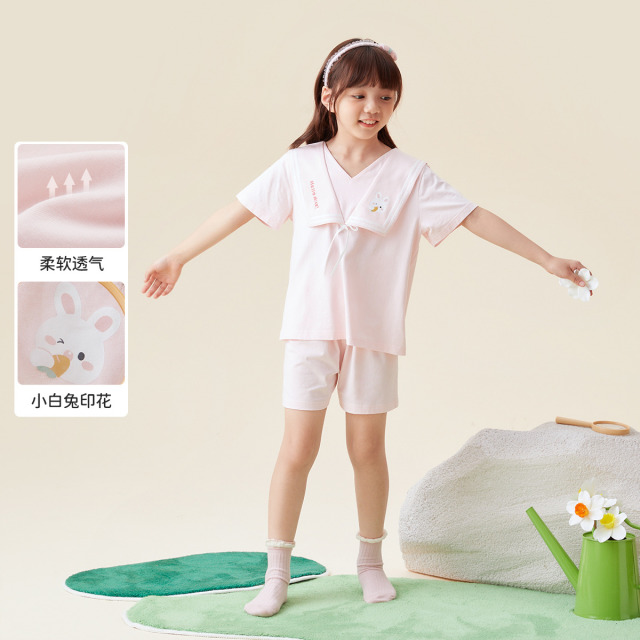 11978917.芬腾千线艺女童睡衣夏款短袖宽松海军领女孩家居服大童两件套装