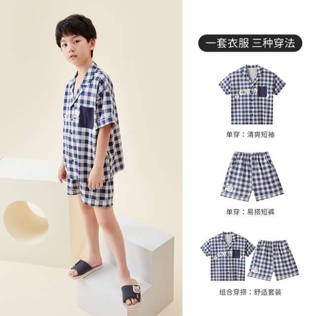 11978663.芬腾千线艺男童睡衣(120-150)夏经典格纹儿童家居服套装