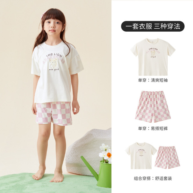 11979151.芬腾千线艺女童睡衣短袖夏季宽松薄款透气柔软棉女孩中大童空调服套装
