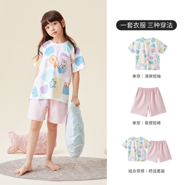 11985864.芬腾千线艺男女童睡衣大童夏季套装薄款宽松纯棉短袖透气外出女孩家居服