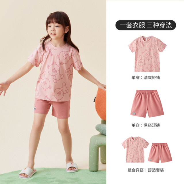 11986660.芬腾千线艺男女童睡衣女孩夏季宽松韩版外出休闲短袖短裤儿童家居服套装