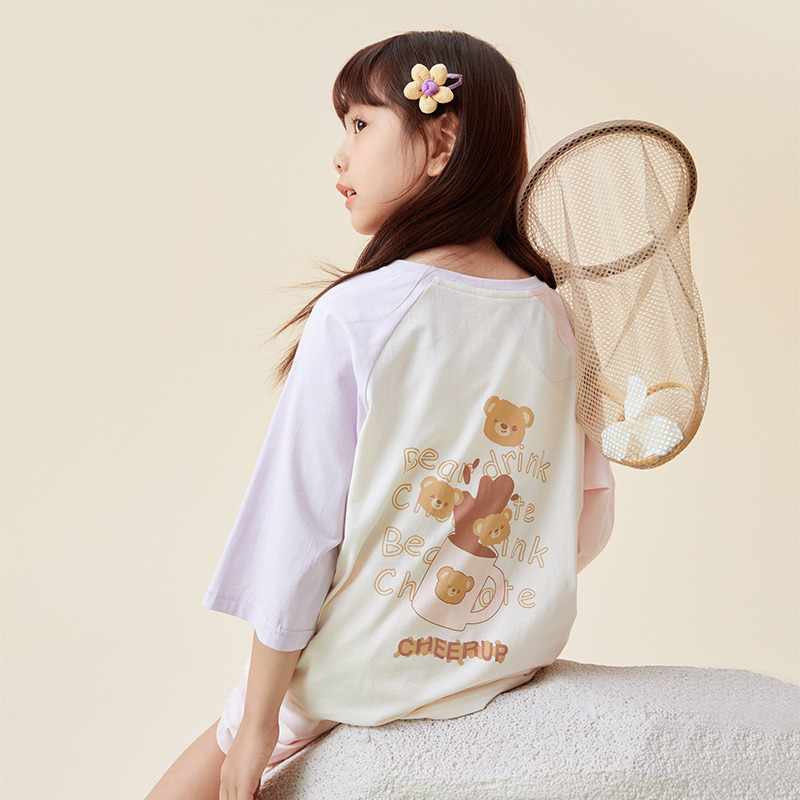 11987080.芬腾千线艺女童睡衣春夏季纯棉中袖中裤女孩中大童全棉家居服套装