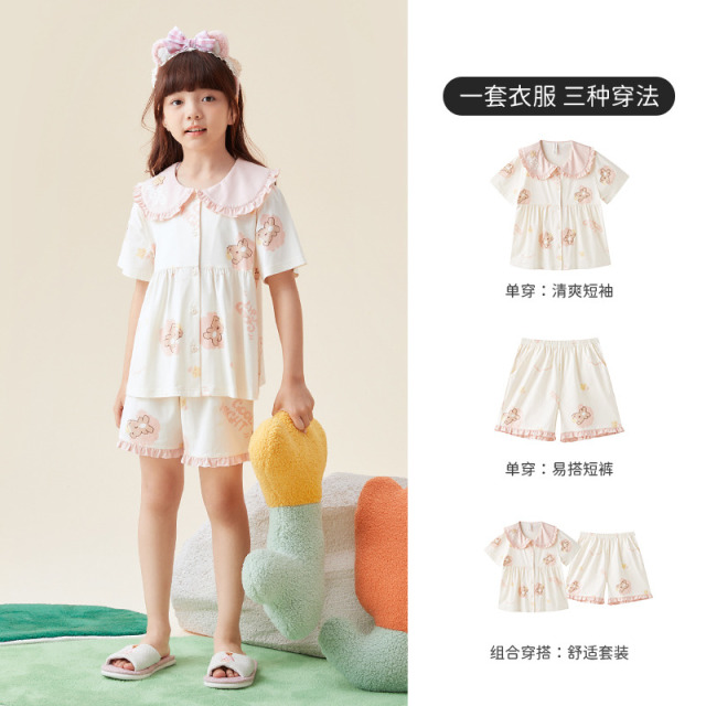 11986499.芬腾千线艺女童睡衣套装夏季短袖新款薄款甜美公主风两件套家居服