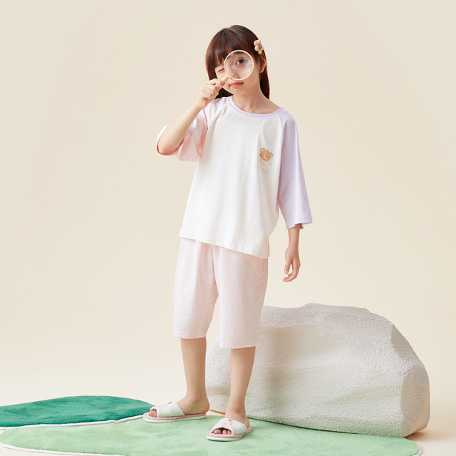 11987080.芬腾千线艺女童睡衣春夏季纯棉中袖中裤女孩中大童全棉家居服套装