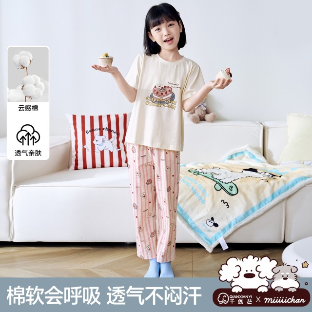12018005.芬腾千线艺【IP联名】少女睡衣棉女童短袖夏薄大童空调服儿童家居服