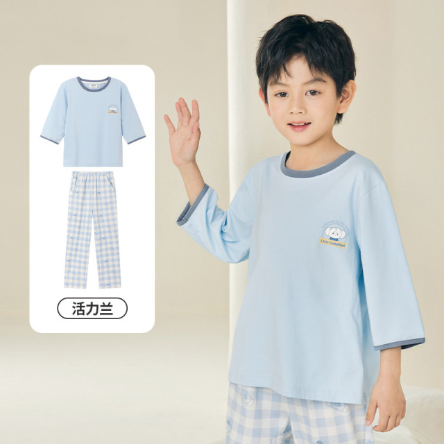 12081979.芬腾千线艺儿童睡衣春夏新款男童中袖长裤棉莫家居服套装男孩春季