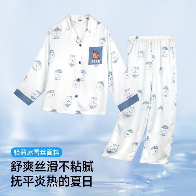 12159157.芬腾千线艺【小熊部落IP联名】青少年冰丝套装睡衣男童家居服儿童睡衣