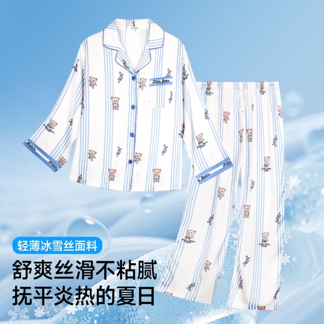 12159585.芬腾千线艺【小熊部落IP冰丝凉感套装】青少年睡衣夏薄男童家居服儿童空调服