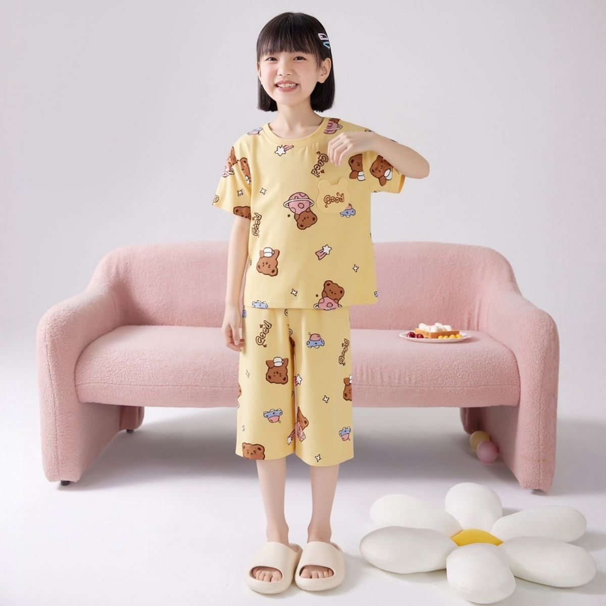 11986726.芬腾千线艺女童睡衣五分裤夏季新款小熊短袖女孩大童家居服两件套