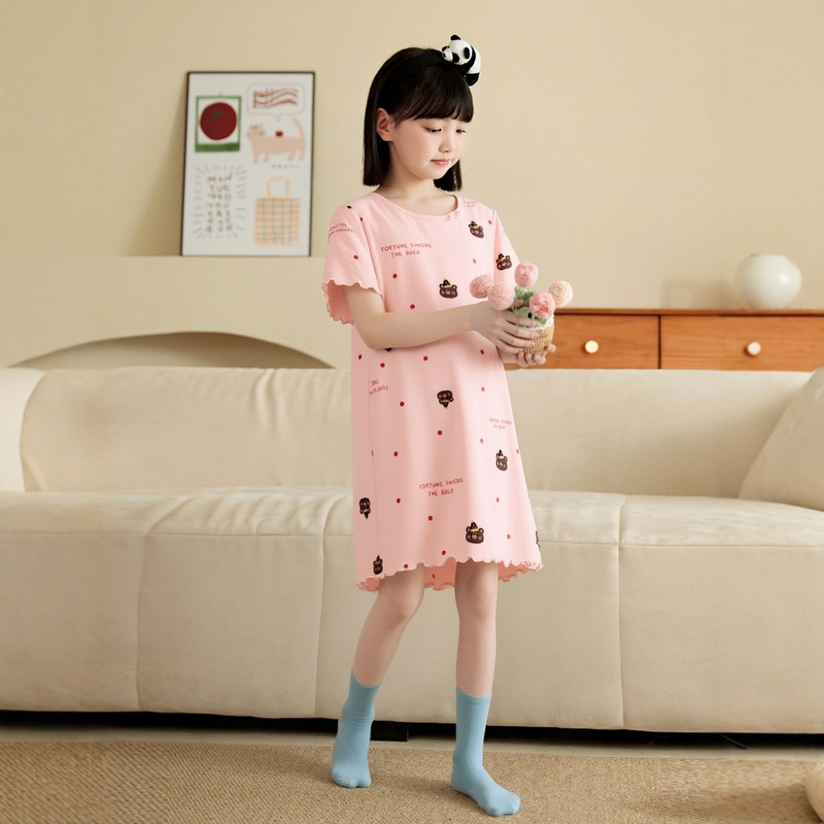 11915647.芬腾千线艺儿童睡裙女童连衣裙夏季棉透气薄款可爱卡通女童家居服睡裙