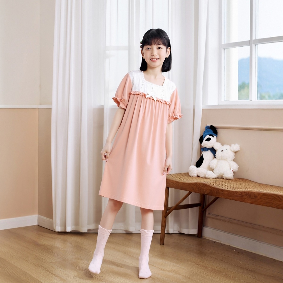 11915710.芬腾千线艺亲子款女童连衣裙夏季纯棉睡衣短袖睡裙女士甜美花边中大童连衣裙