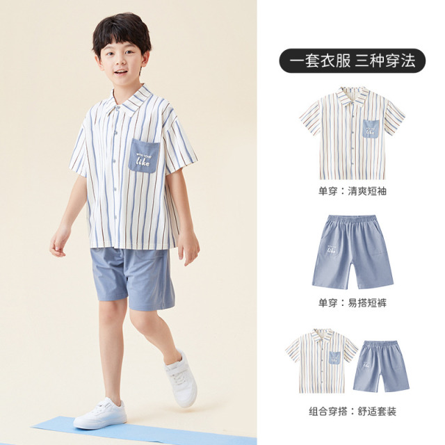 12514961.芬腾千线艺男童夏短袖开襟翻领简约休闲中大童家居服儿童睡衣套装