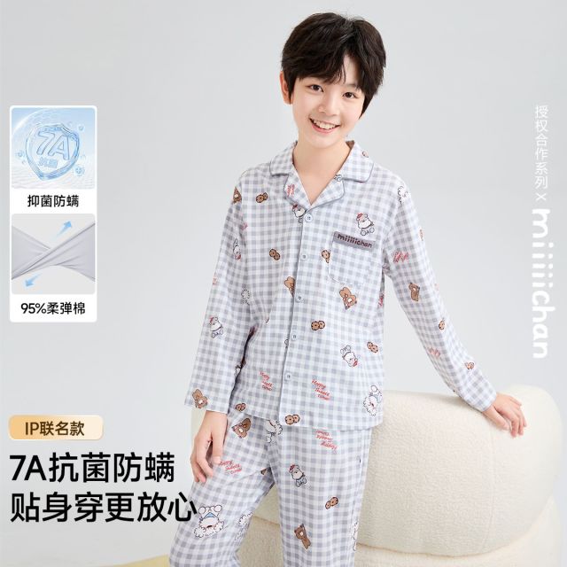13174155.【亲子系列7A抑菌+防螨】男女童云朵爽棉睡衣套装中大童卡通格纹家居服儿童睡衣春