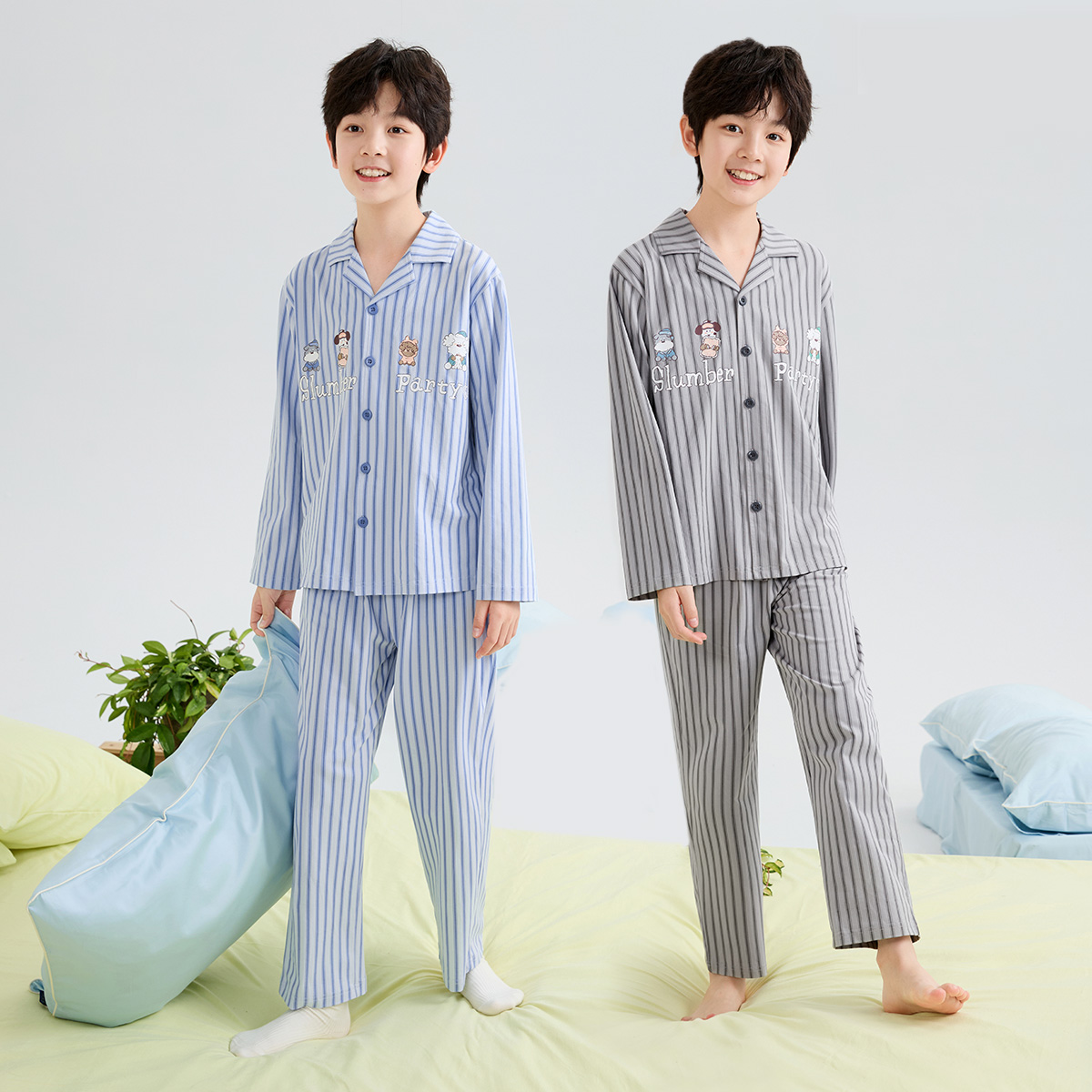 13176229.【防螨7A抑菌+IP联名】青少年睡衣春秋弹棉开衫翻领儿童家居服套装