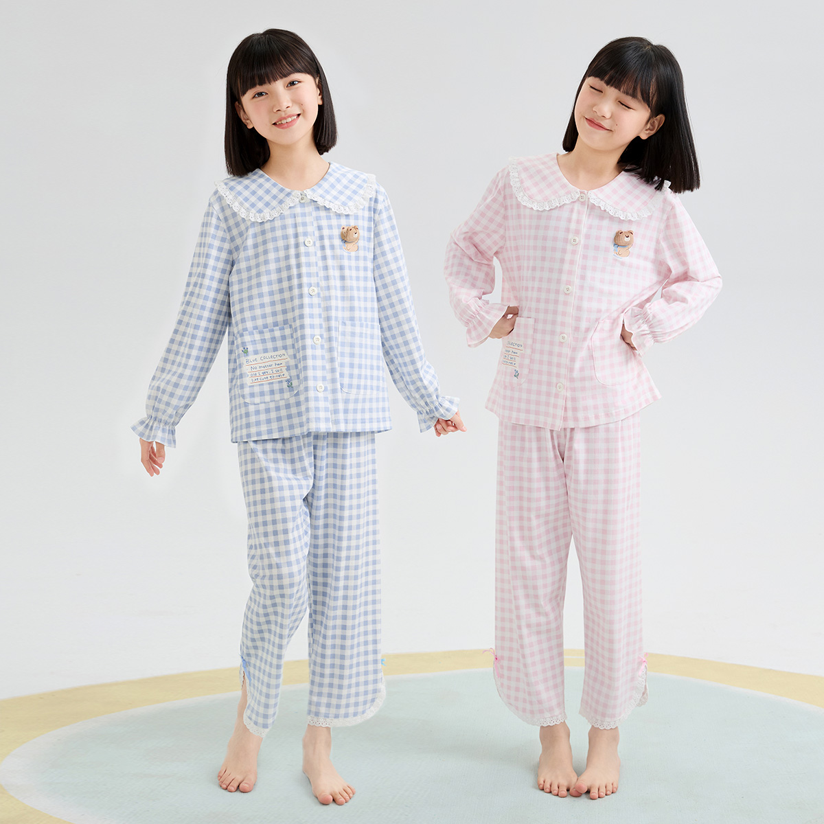 13180192.【防螨7A抑菌+IP联名】女童睡衣春秋长袖棉娃娃领格子儿童家居服开衫翻领套装