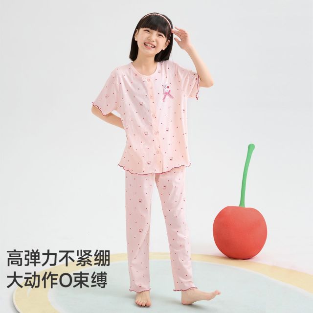 13396763.芬腾千线艺【IP布朗熊】儿童睡衣夏甜美花边短袖长裤女童睡衣家居服套装