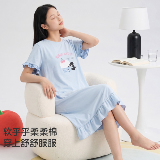 13618596.芬腾千线艺【自带胸垫+7A抑菌防螨】少女睡裙青少夏薄短袖防凸点睡裙女士睡衣