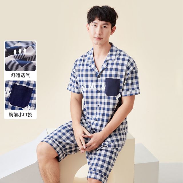 13619593.芬腾千线艺男士睡衣夏季短袖短裤透气开衫翻领简约格纹家居服套装男童