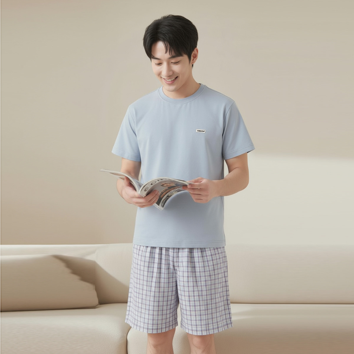 13620020.芬腾千线艺纯棉睡衣男夏季短袖短裤格子舒适朵啦棉青少年家居服套装男童