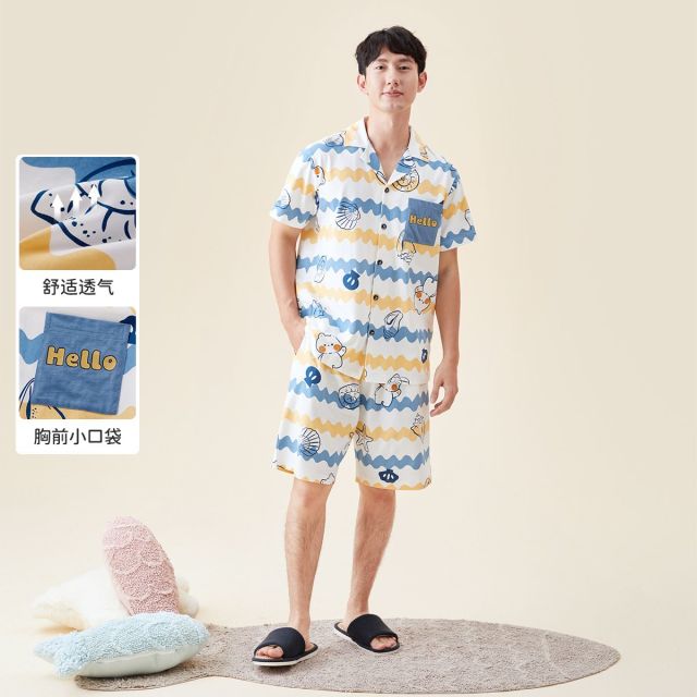 13619686.芬腾千线艺睡衣男士夏季纯棉短袖短裤开衫翻领全棉家居服套装男童