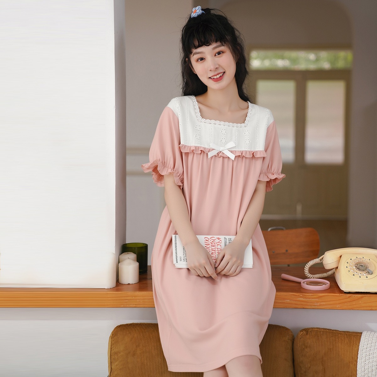 13620110.芬腾千线艺女童睡衣女连衣裙夏季纯棉睡衣短袖睡裙女士甜美花边亲子款女童