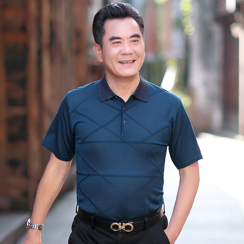 9171423.雄狮爸爸夏装短袖t恤中老年冰丝中年条纹polo衫男士夏季针织衫男上衣T