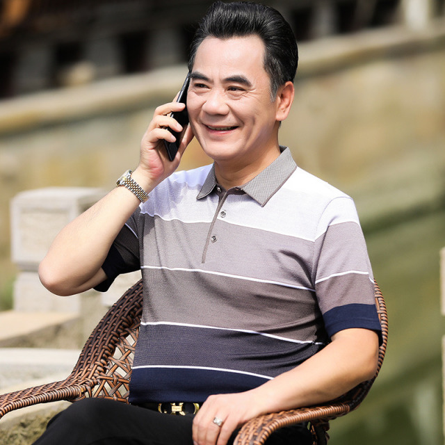 9171554.雄狮夏季中年男士爸爸装翻领Polo衫冰丝夏装体恤针织短袖T恤男
