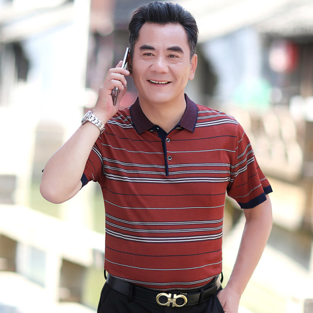 9171525.雄狮短袖Polo衫男士夏季薄款冰丝弹力针织衫商务休闲爸爸装体恤衫