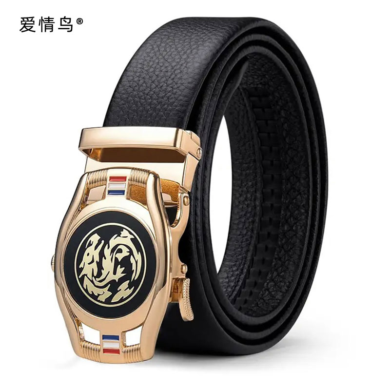 7186269.爱情鸟时尚简约真皮自动扣头男式百搭头层牛皮皮带