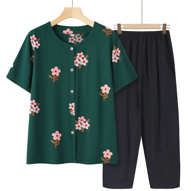 9193948.线缃缘妈妈夏装新款中老年人大码女奶奶衣服刺绣七分袖T恤套装洋气上衣