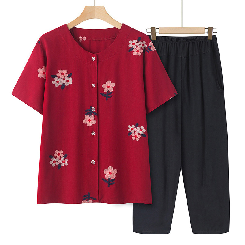 9193948.线缃缘妈妈夏装新款中老年人大码女奶奶衣服刺绣七分袖T恤套装洋气上衣