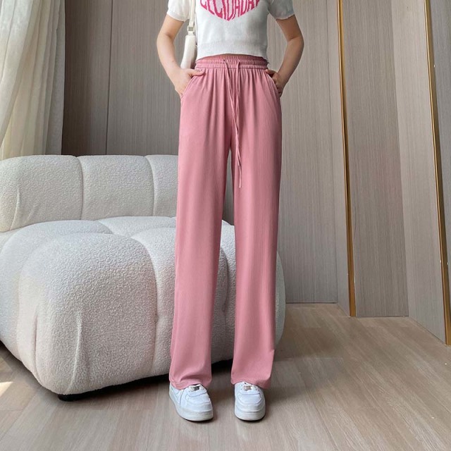 9208990.冰丝窄版阔腿裤女夏季高腰垂感小个子薄款显瘦休闲拖地直筒抖抖裤