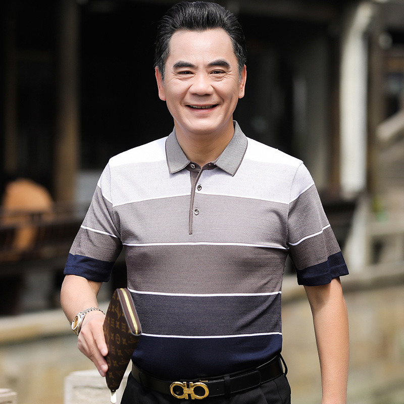 9210081.雄狮男士短袖t恤条纹针织夏新款翻领Polo衫中年男装