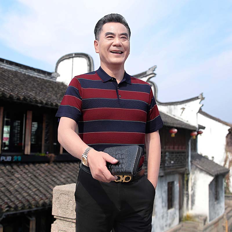 9210119.雄狮短袖t恤针织衫夏季商务中年宽松条纹Polo衫男