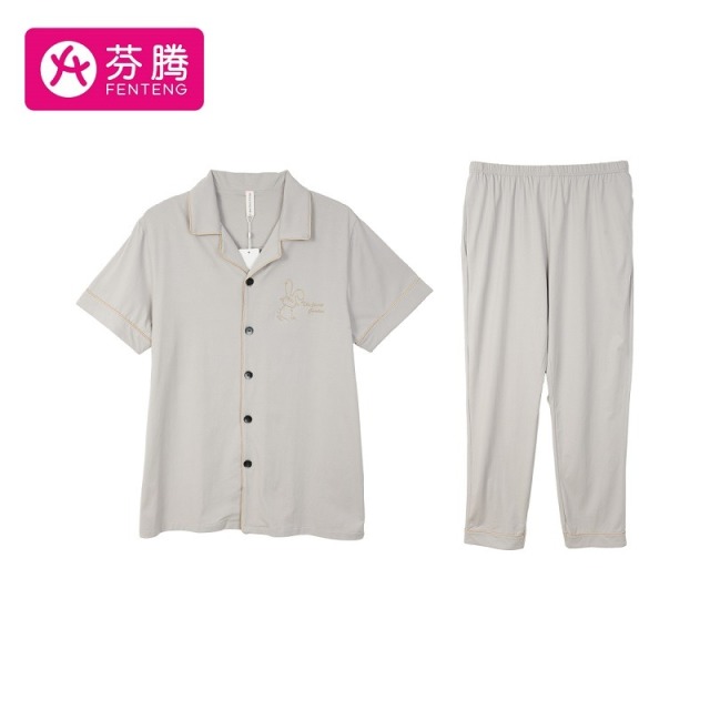 11814424.芬腾【纯色简约】新款夏季翻领棉柔短袖长裤男士家居服睡衣套装男