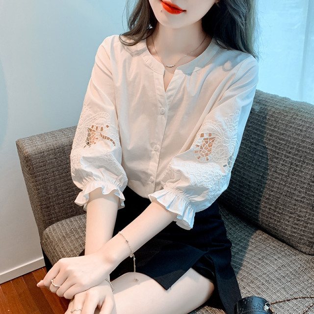 13167881.丹芙娅夏季短袖雪纺衬衫女新款别致泡泡七分袖上衣