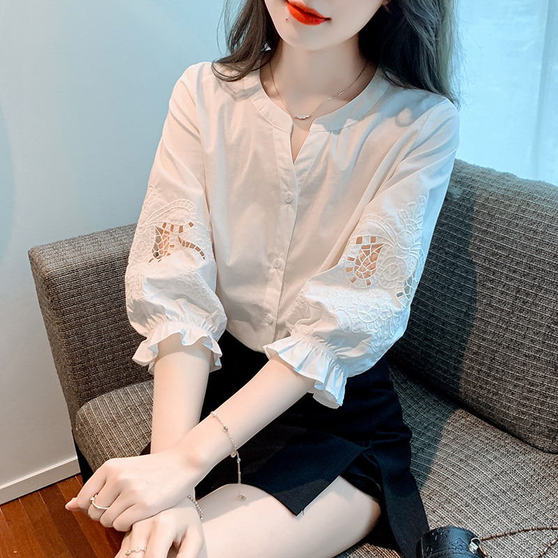 13167881.丹芙娅夏季短袖雪纺衬衫女新款别致泡泡七分袖上衣