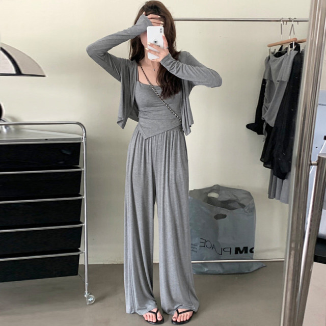 11034852.FEIMI妃秘垂感显瘦开衫背心休闲裤三件套装