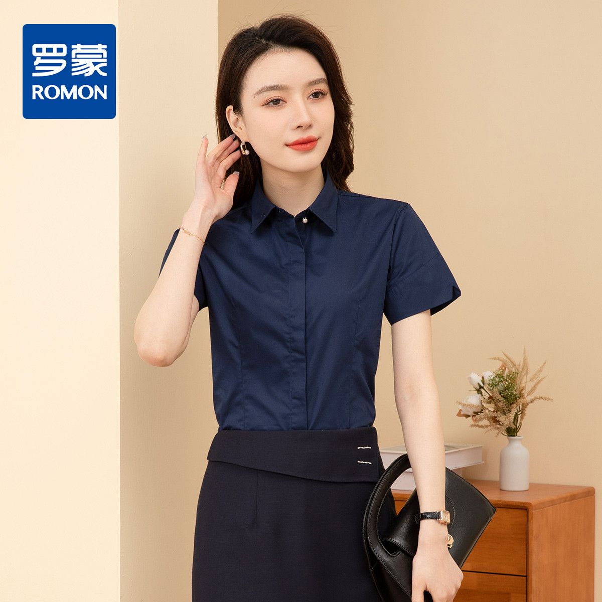 9306718.罗蒙夏季女装短袖衬衫女士修身显瘦正装商务通勤职业工装衬衣