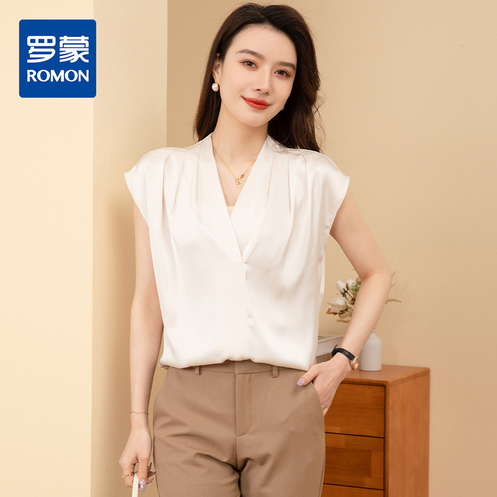 9309387.罗蒙夏季女装V领缎面衬衫无袖设计优雅时尚知性百搭衬衣女