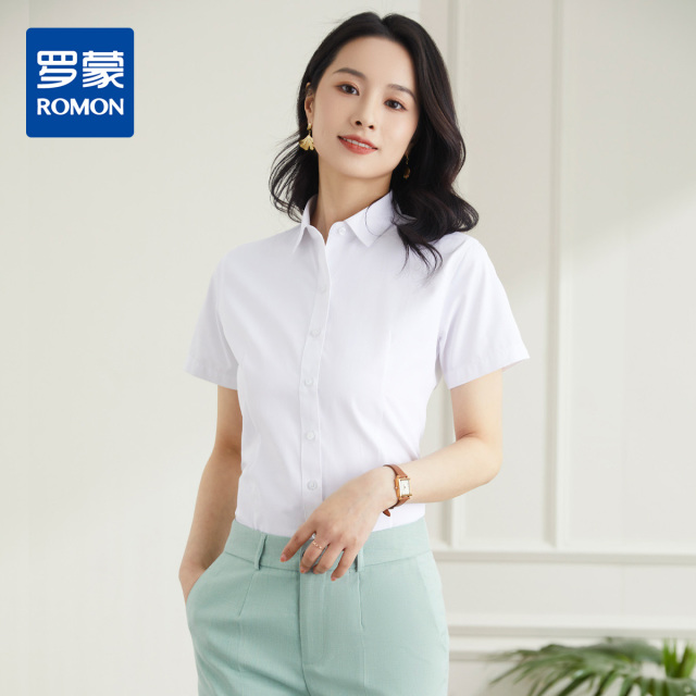 9309519.罗蒙夏季女装短袖衬衫女士修身显瘦商务通勤纯色棉质衬衣女